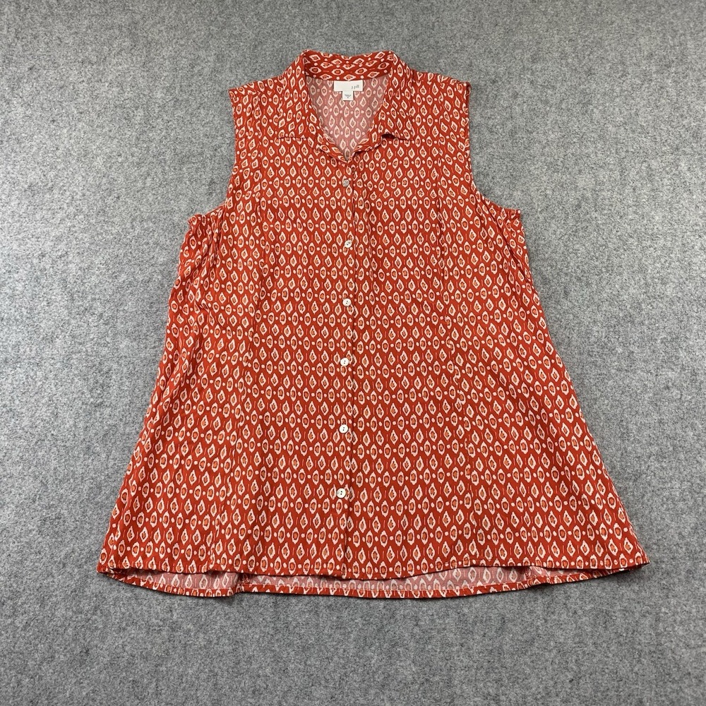 J Jill Women's Sleeveless Tunic Size Medium Orange Ikat Print Button Front Rayon